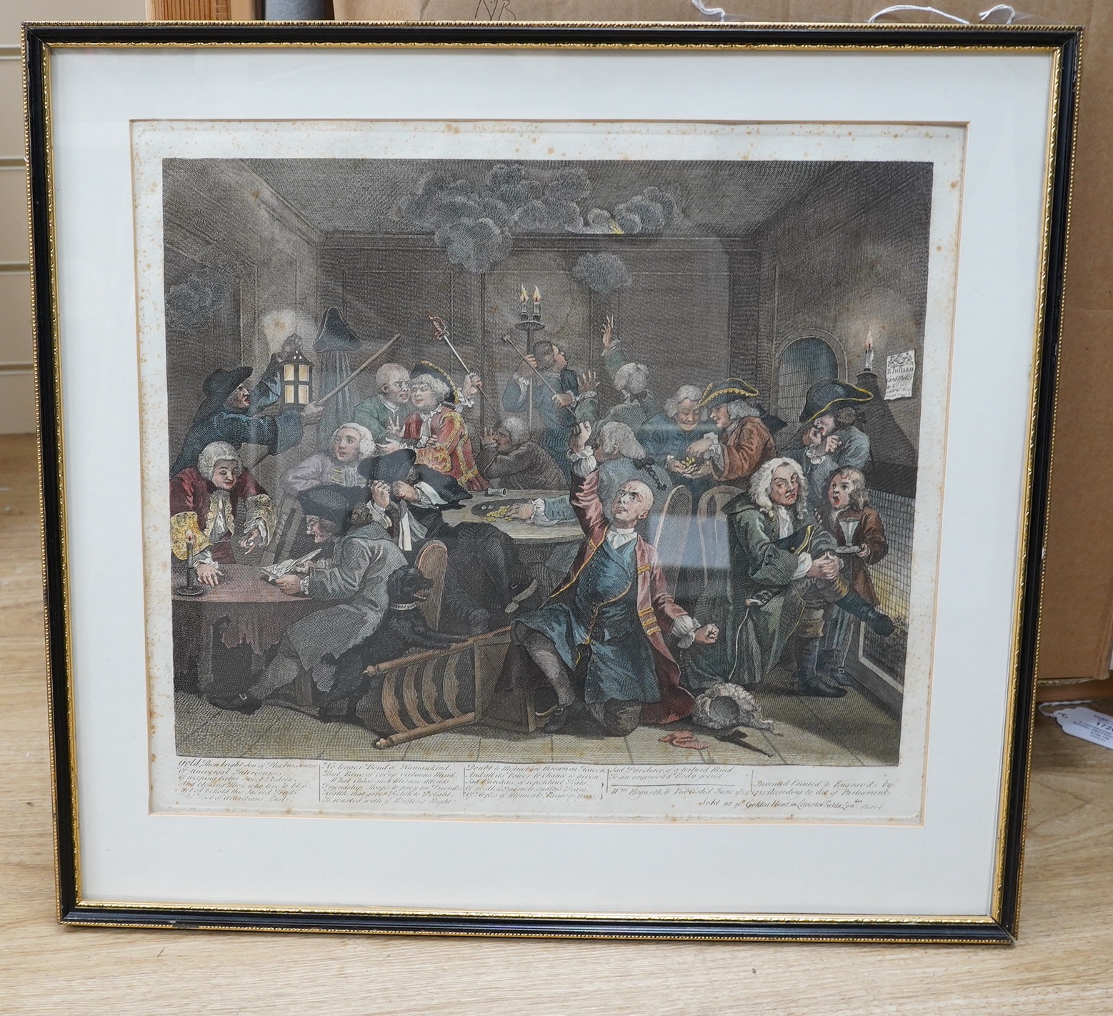 After William Hogarth (1697-1764), Eight satirical hand coloured engravings, ‘The Rakes Progress’, published June 25th 1735, largest 36 x 41cm. Condition - poor, fair, foxing throughout